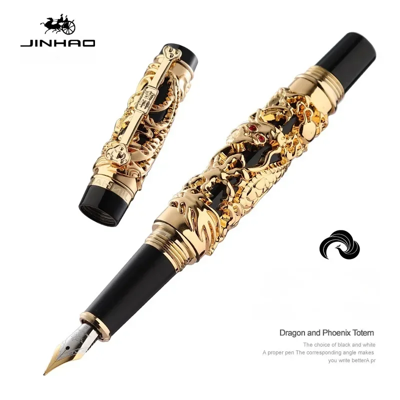 Jinhao 3D Dragon Relief Fountain Pen Luxury Phoenix Golden Metal Writing Pens 0.5/1.0mm Nib Stationery Office School Supplies