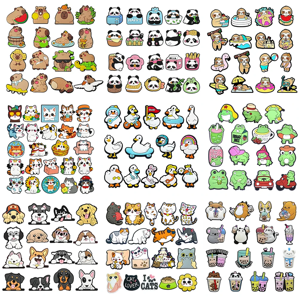 12-24pcs Animal Series Dog Shoe Charms Cute Cat Frog Capybara Shoes Accessories Decorations Fit Clog Sandals Garden Wristband