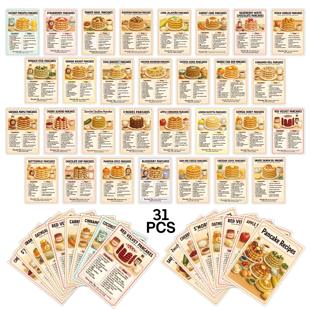 Kitchen Baking Organization - 31 biglietti con ricette di pancake,