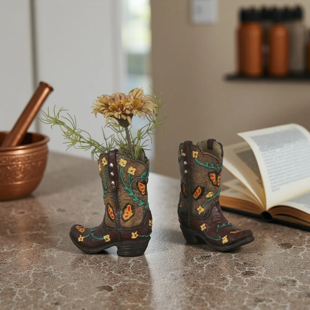 11,5 cm hohe, stiefelförmige kleine Vase, moderne Wohndeko, Blumenvase, Tischdekoration und Accessoires, Vintage-Cowboystiefel-Mini-Vase – Detail 5