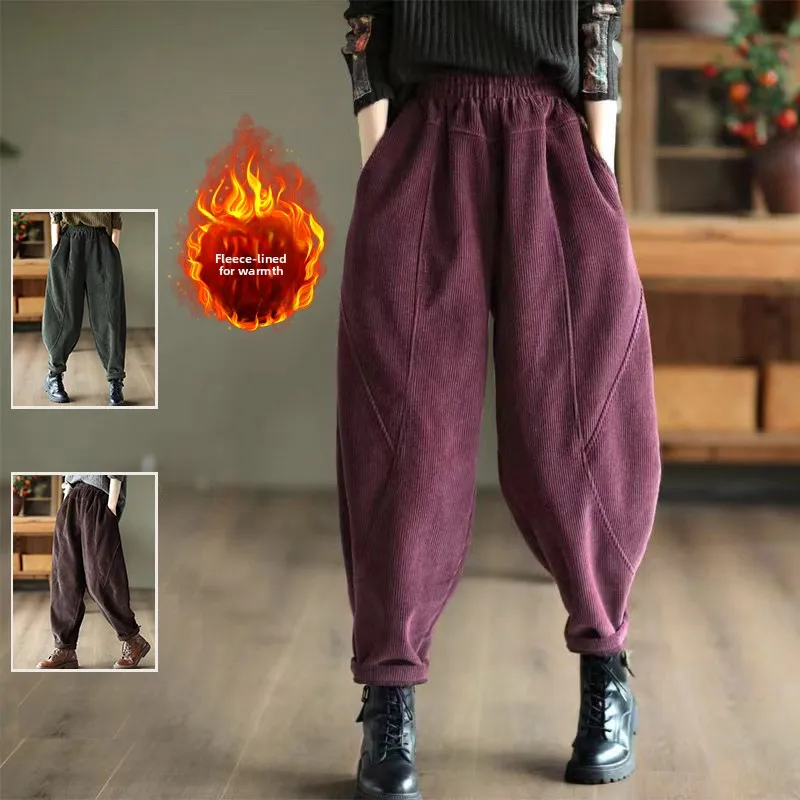 

Retro Pure Color Corduroy Warm Harlan Pants Large Size Women's Autumn Winter Elastic Waist Versatile Casual Fce Lined Lant...
