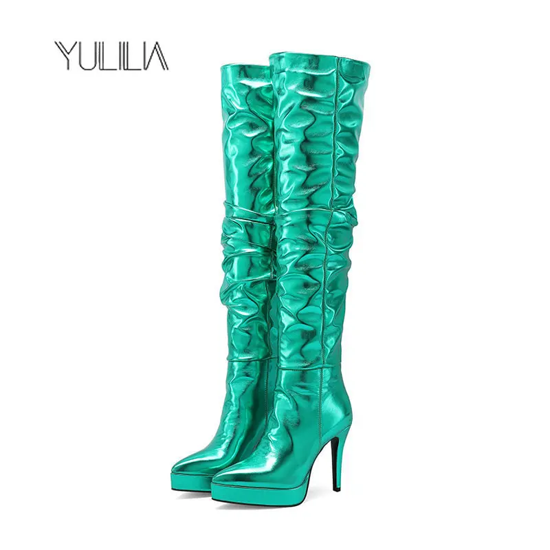 

YULILIA Sexy Woman Over Knee High Heels Boots Pointed-toed Wrinkled Stiletto Nightclub Show Patent Leather Thigh Boots Pumps