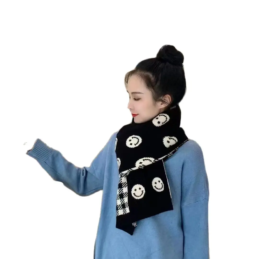 Imitation cashmere wool woven jacquard scarf double-sided cartoon smiley face scarf women's autumn and winter scarf black and wh