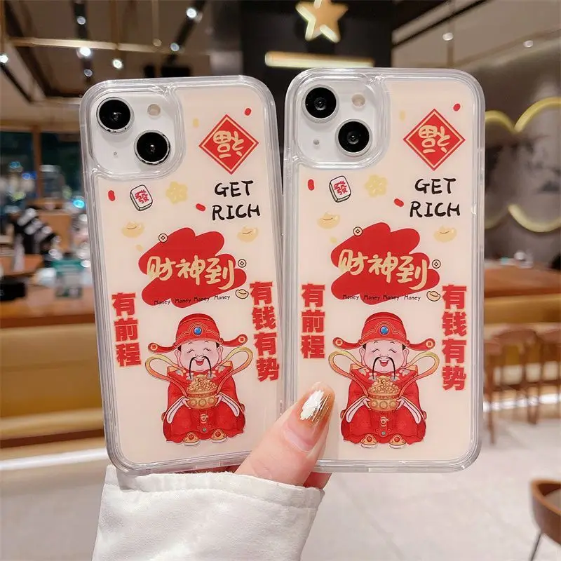 Creative Liquid Flowing Sand God of Wealth To Phone Protection Case for iPhone 15 14 Pro Max 14 13 Pro 12 11 Red Couple Case