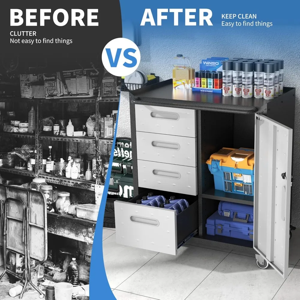 Metal Storage Cabinet with Wheels, Rolling Tool Cabinet with Adjustable Shelve, Locking Garage Storage Cabinet with 4 Drawer