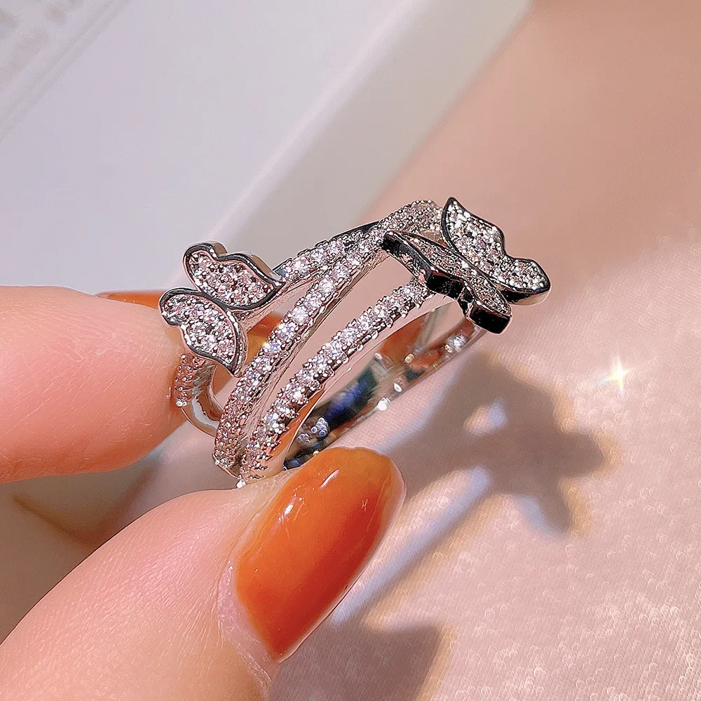 Exquisite 925 Silver Plated Two Butterfly Crystal Rings for Women Rhinestone Rings Wedding Party Jewelry Gifts Wedding Ring