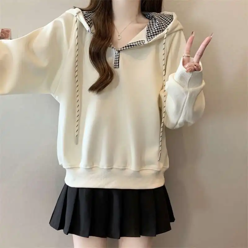 Sweat-shirt à capuche à carreaux américains pour femmes, veste rétro ample de Style paresseux, automne hiver