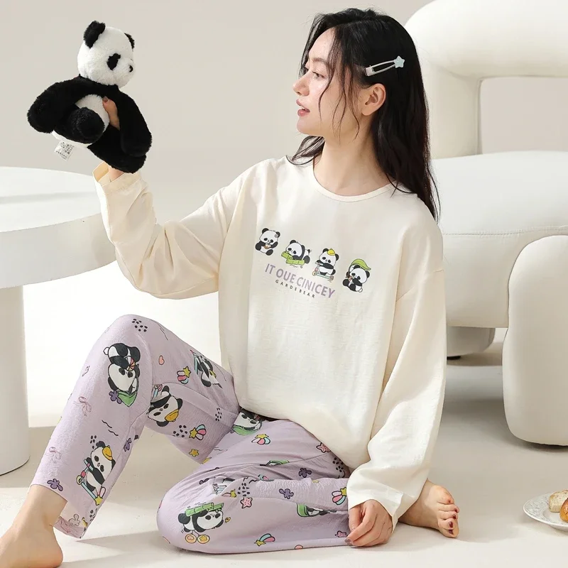 Cartoon Panda Womens Pajamas Sets Autumn Winter Long Sleeves Long Pants Cute Sleepwear Kawaii Pijamas Cozy Pyjamas Soft Girl Pjs