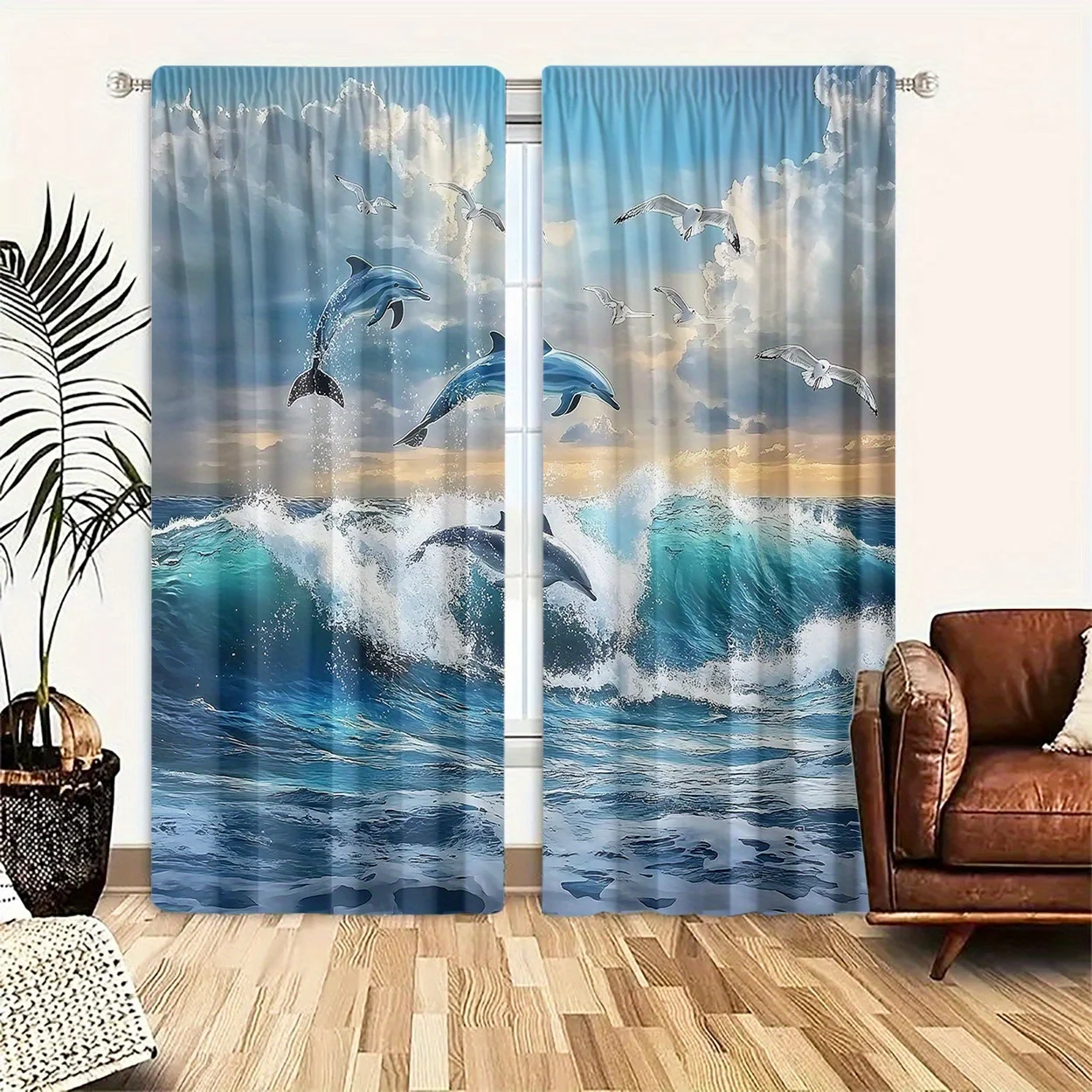Coastal Dolphin Sea Wave Window Curtains 2 Panels, Flying Seagull Sunrise Ocean Scenery Blue Sky Water Nautical Decor Curtain