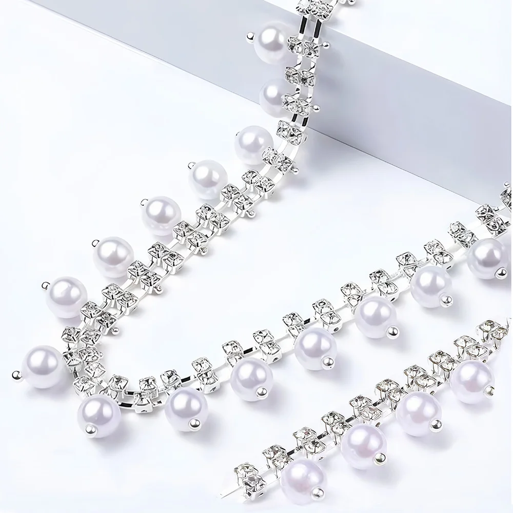 

8mm Pearl Rhinestones Chain Silver & Gold Base Shiny Crystal Tassel Sew-On Rhinestones Chain for clothing Jewelry Design Crafts