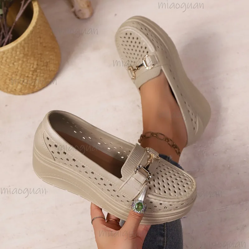 Hollow Wedge Loafers for Women Slip-On Metal Buckle Thick Platform Shoes Comfort Daily Walking Outdoor Casual Moccasin Shoes