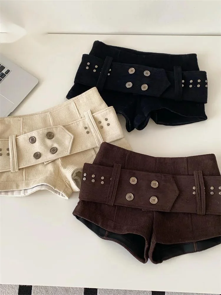 

Американские винтажные вельветовые шорты женские с пуговицами и поясом, осенние, с низкой посадкой, сексуальные, в уличном стиле, мини-шорты для стильных девушек