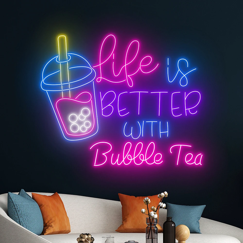 Life Is Better With Bubble Tea Neon Sign Boba Milk Tea Neon Light for Coffee Bar Wall Decor Sign Cafe Shop Open Neon Light