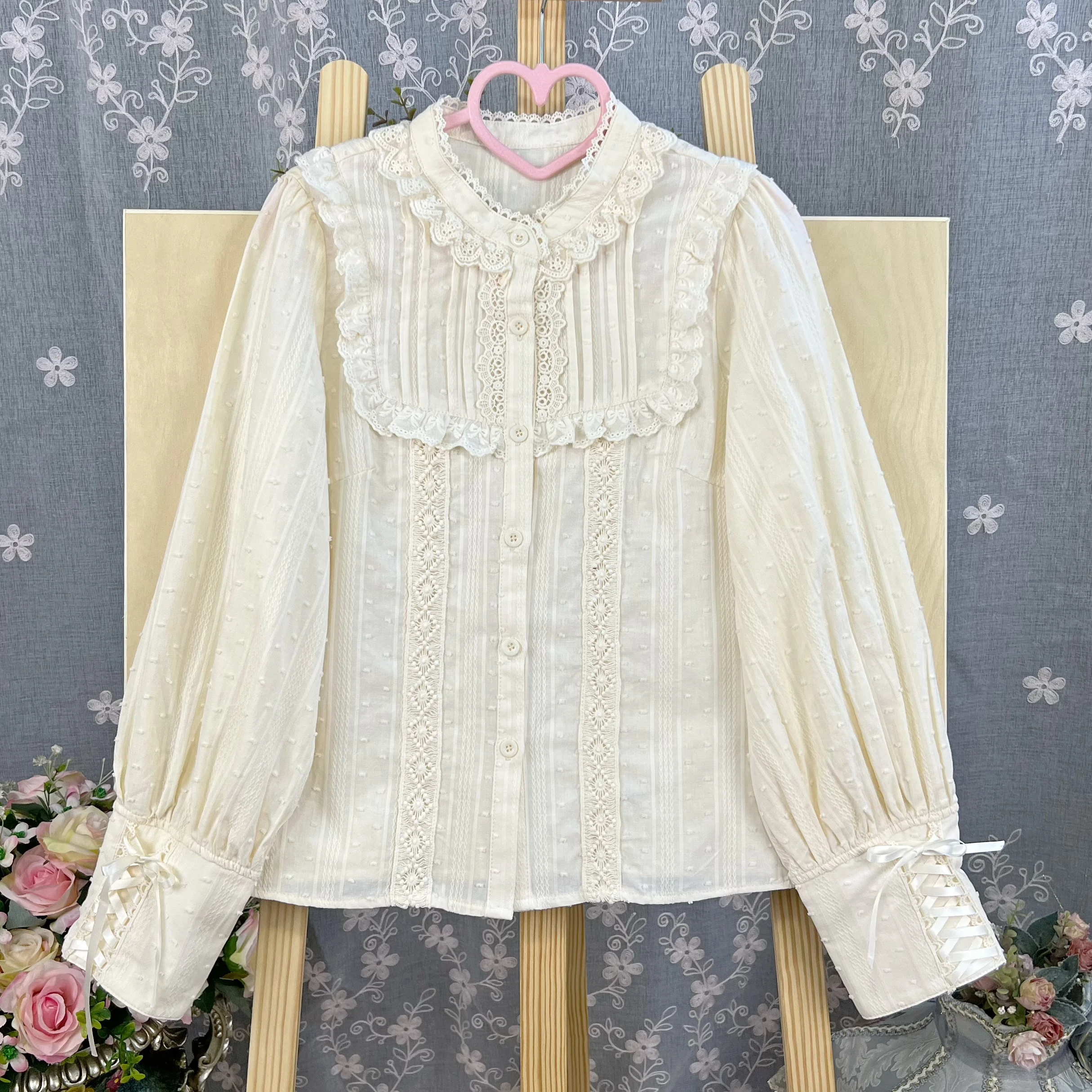 Lolita Lace-up Long-sleeved Ruffles Stand-up Collar Shirt Girl Spring Autumn Lace Cute Age-reducing Versatile Bottoming Shirts