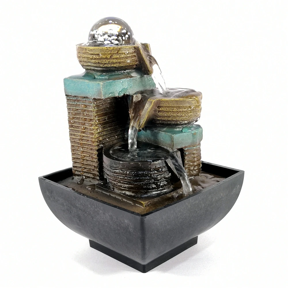 Fontanna stołowa LED z kulkami, 3-poziomowy wodospad, kamienie rzeczne, elektryczna pompa, relaksujące dźwięki do biura i dekoracji domu