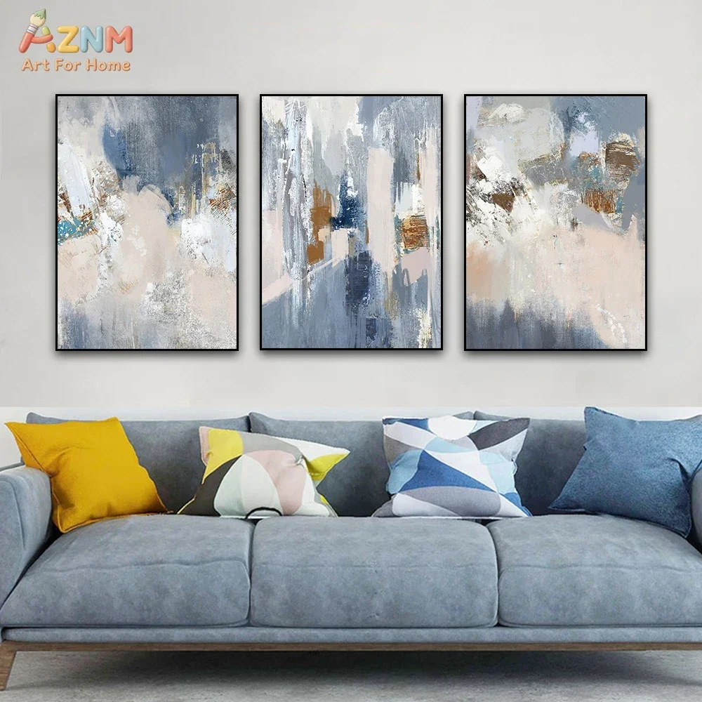 AZNM Blue Grey Beige Abstract Canvas Wall Art Gold Brush Stroke Textured Modern Living Room Home Decor Poster Unframed Painting
