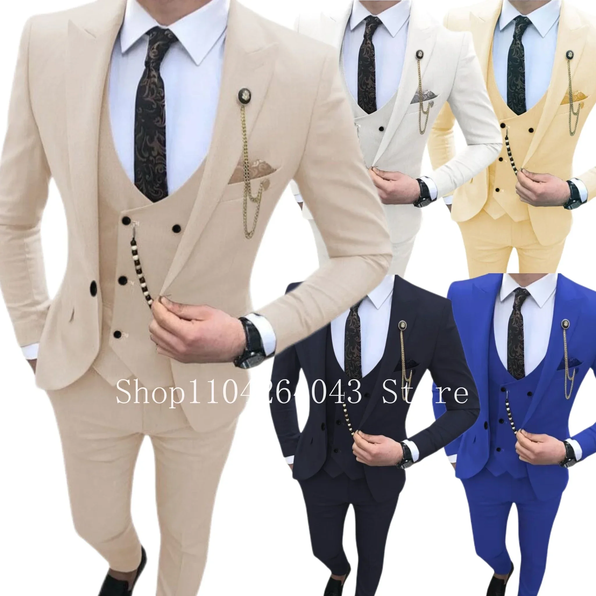 Classic Suit for Men 3 Pieces Peak Lapel Regular Male Suit for Wedding Banquet Evening Party Bazer Vest and Pant Set Suit Jacket