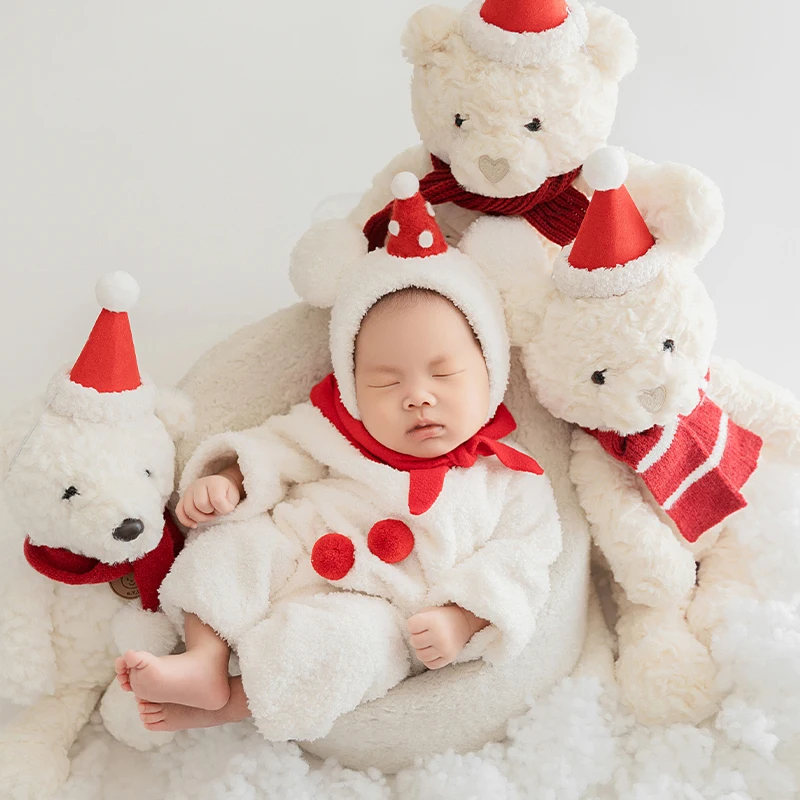Tuta natalizia per neonato Puntelli per fotografia neonato 0-1 mesi Abito caldo per bambino con cappello, orsacchiotto in posa per bambola Servizio fotografico in studio