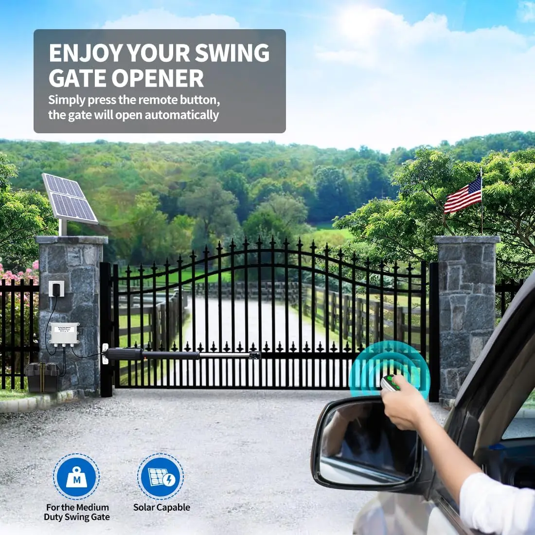 فتاحة بوابة شمسية أوتوماتيكية من TOPENS A5S لبوابات متأرجحة فردية متوسطة التحمل تصل إلى 16 قدمًا، مشغل بوابة متأرجحة واحدة يعمل بالبطارية