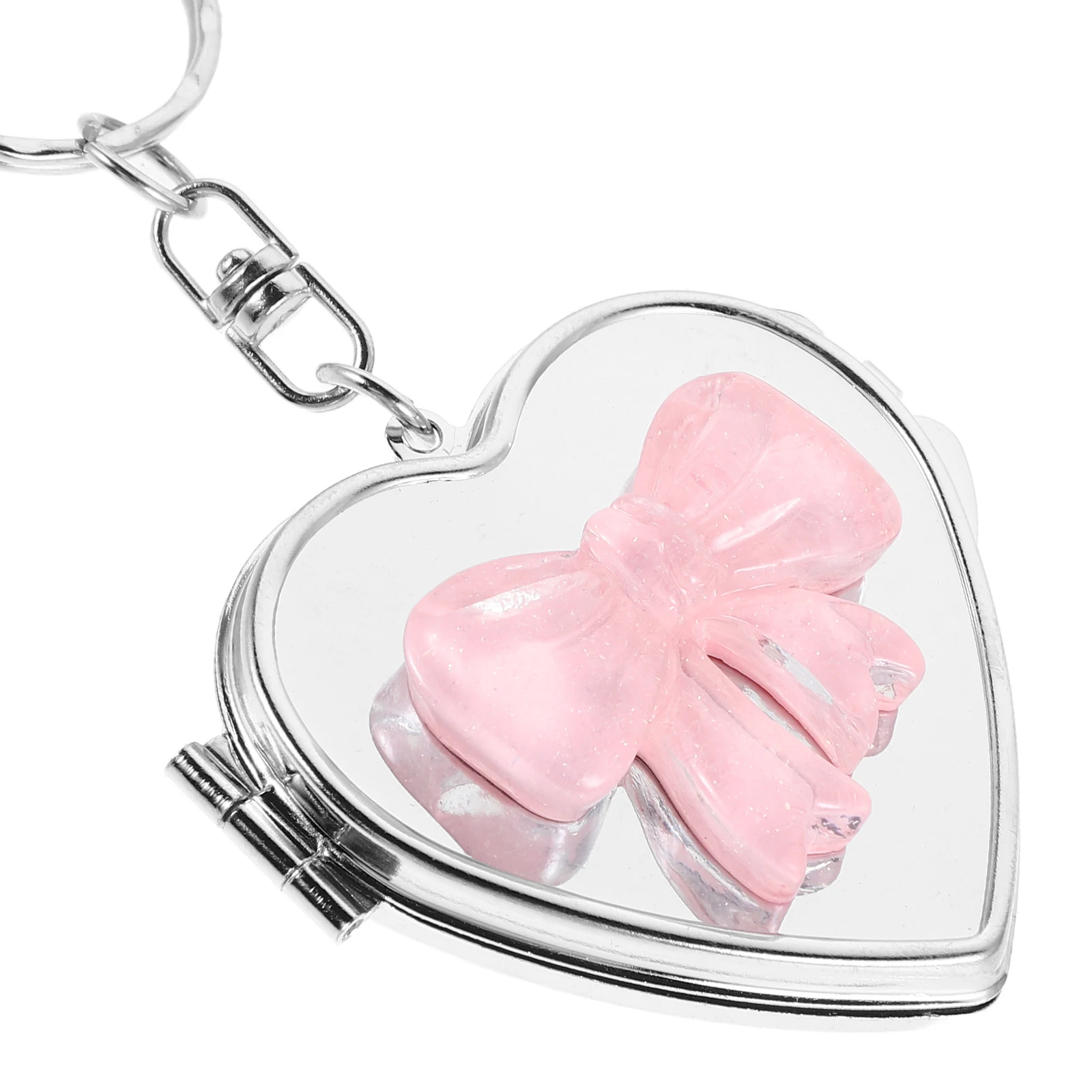 3개 세트 하트 모양 거울 키체인 우아한 리본 컴팩트 휴대용 메이크업 거울 여행용 가방 장식 선물