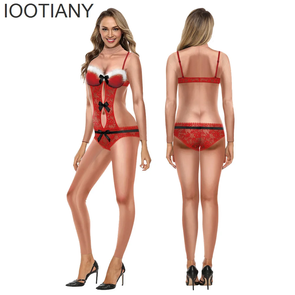 IOOTIANY Sexy Lace 3D Print Women Jumpsuit Xmas Carnival Fancy Party Cosplay Zentai Suit Adults Christmas Rave Outfits Bodysuit