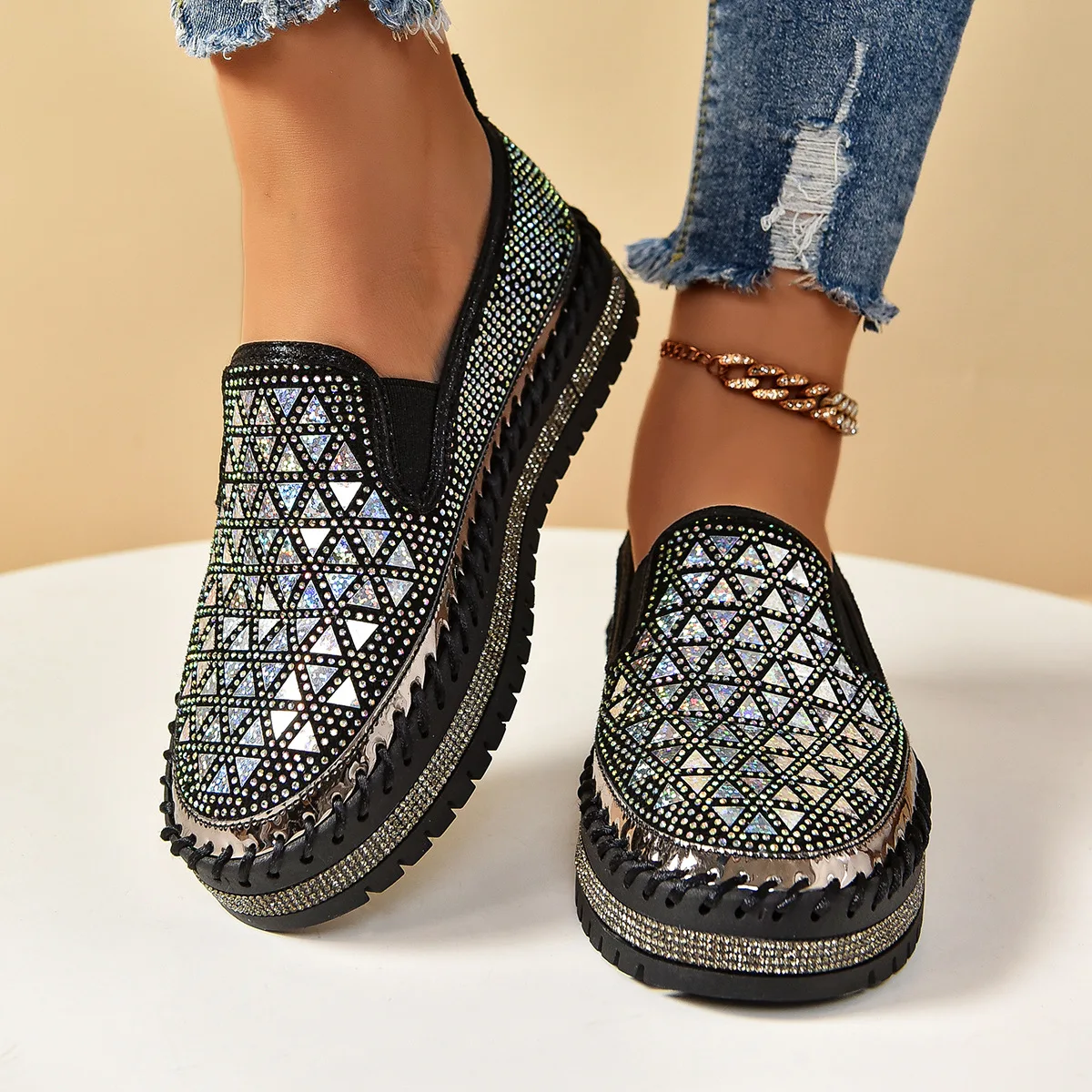 حجم كبير 45 امرأة منصة المتسكعون موضة الراين جولة تو كعوب منخفضة حذا فردي للسيدات الربيع/الخريف مريحة حذاء رياضة مسطح