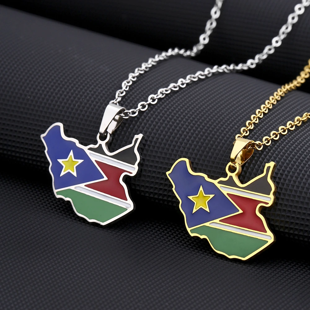 Africa South Sudan Map Flag Pendant Necklace Stainless Steel Gold Silver Color Men Women Maps Ethnic Jewelry Gift