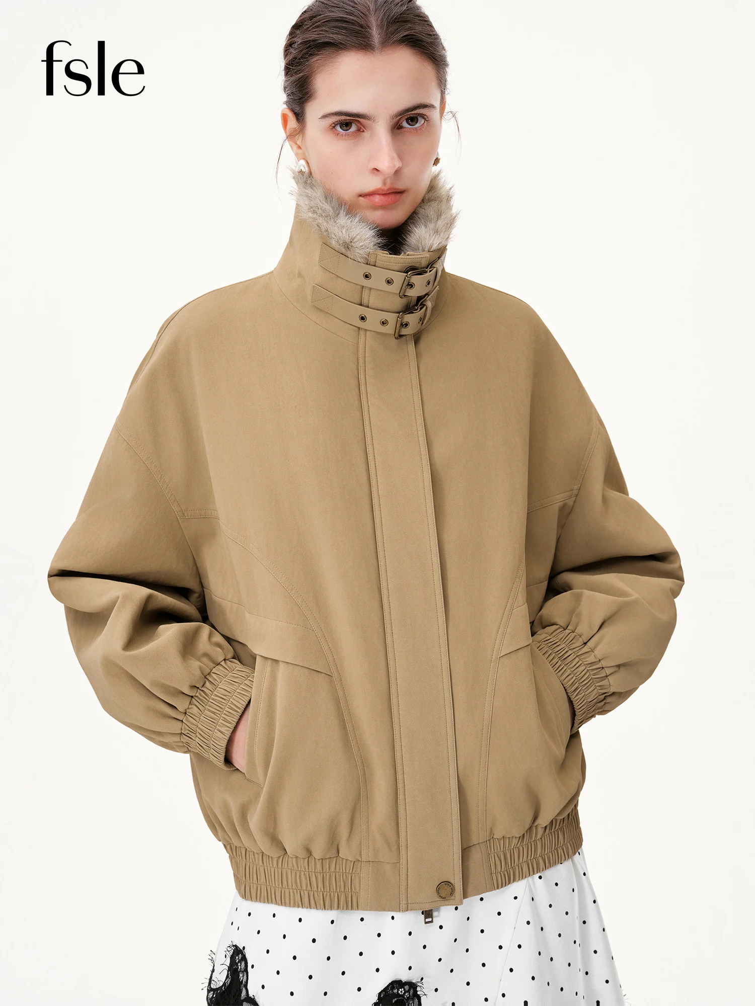 FSLE【Premium Series】Autumn Winter Women Retro PU Leather Fur Collar Hooded Stand Collar Parka Jacket Loose Outerwear Coat New