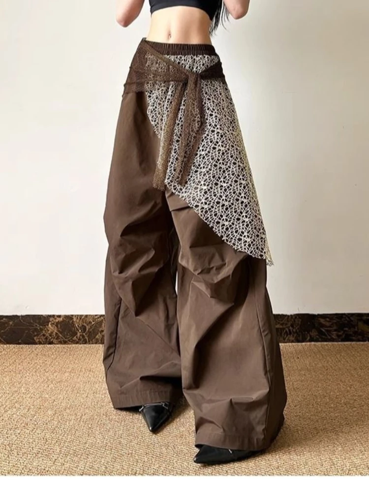 

American retro hot girl Harajuku style workwear casual pants Spring and Autumn women's loose lace patchwork versatile pants