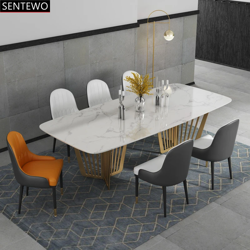 Luxury Marble Kitchen Dining Table With Chair Set Stainless Steel Gold Plating Base Dinner Table Chair Set Mesa Com 6 Cadeiras