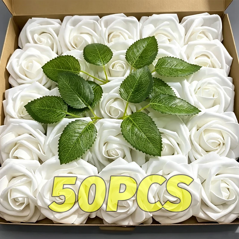 50/5PCS Artificial Foam Rose Flower Heads Bride Bouquet Flower with Stems for Home Wedding Party Table Decoration DIY Supplies
