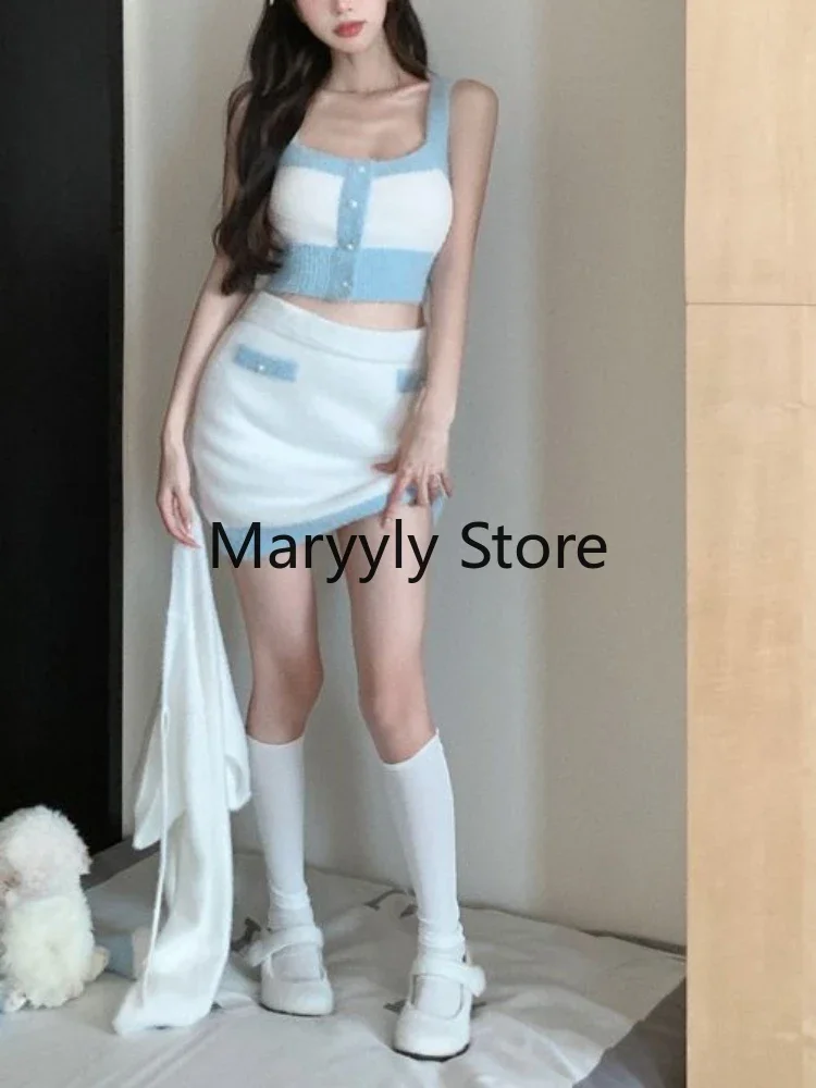 Sweet Evening Party Clothing 3 Piece Skirt Set Women Casual Elegant Cardigan + Bodycon Vest + Y2K Kawaii Skirt 2023 Autumn