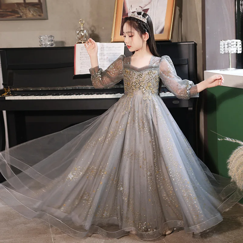 

Luxury Children's Birthday Party Attire Fashion Prom Formal Lace Dresses Piano Performance Girls Elegant High end Costumes