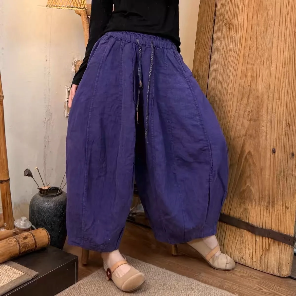 Loose Casual Retro Large Size Lantern Pants Women's High-Definition Heavy-Work Summer New Style Cotton Linen Natural Waist