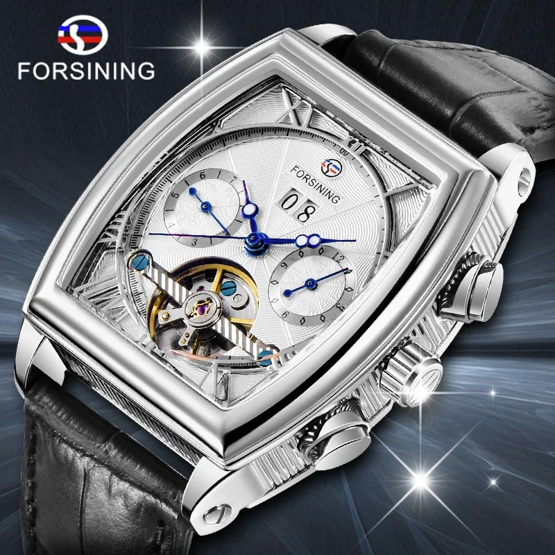 

Часы наручные Forsining Tourbillion мужские с черным ремешком, модные повседневные дизайнерские брендовые механические Автоматические, цвет серебристый