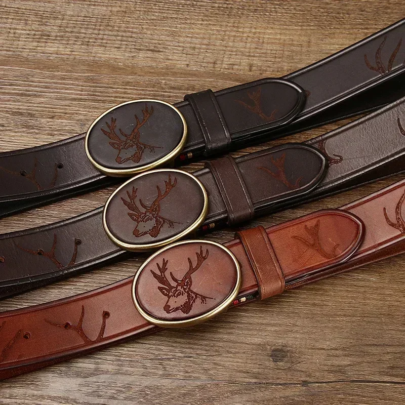 

24 3.8CM Pure Cowhide High Quality Genuine Leather Belts for Men Brand Strap Male Brass Smooth Buckle Jeans Cowboy Cintos Luxury