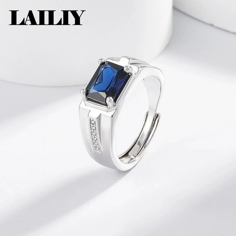 LAILIY 925 Sterling Silver Birthday Gift Party Business Sapphire Adjustable Ring Men Fashion Jewelry Accessories