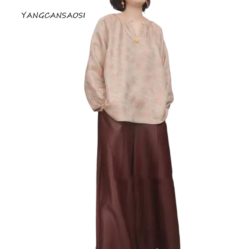 

Женская ранняя осень, новая розовая универсальная футболка из 100% натурального шелка тутового шелка Song Brocade разного цвета с рукавами-фонариками Luo