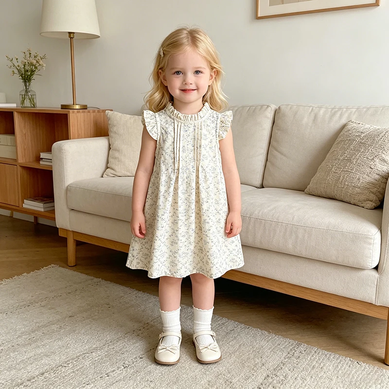 2026 Neues Sommer-Prinzessinnenkleid für 2-6 Jahre mit Rundhalsausschnitt, Blumenmuster, Ärmellos, Baumwoll-Weste, Stylisches Kleid für Kleine Mädchen
