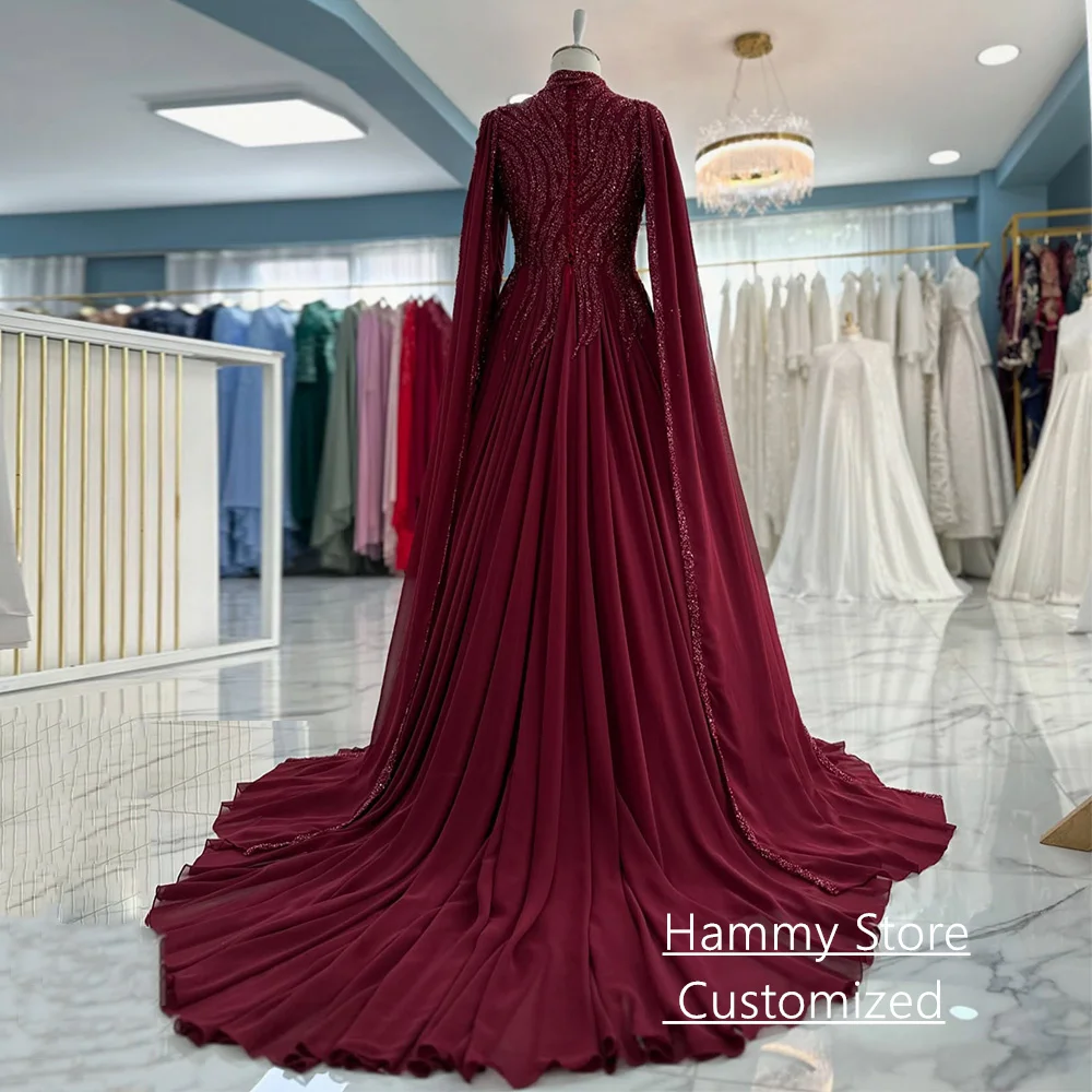 Bescheidenes Burgunder-Abendkleid, maßgeschneidert, lange Ärmel, Stehkragen, Pailletten, Hofschleppe, Chiffon, arabisches Abendkleid, Partykleider – Detail 3