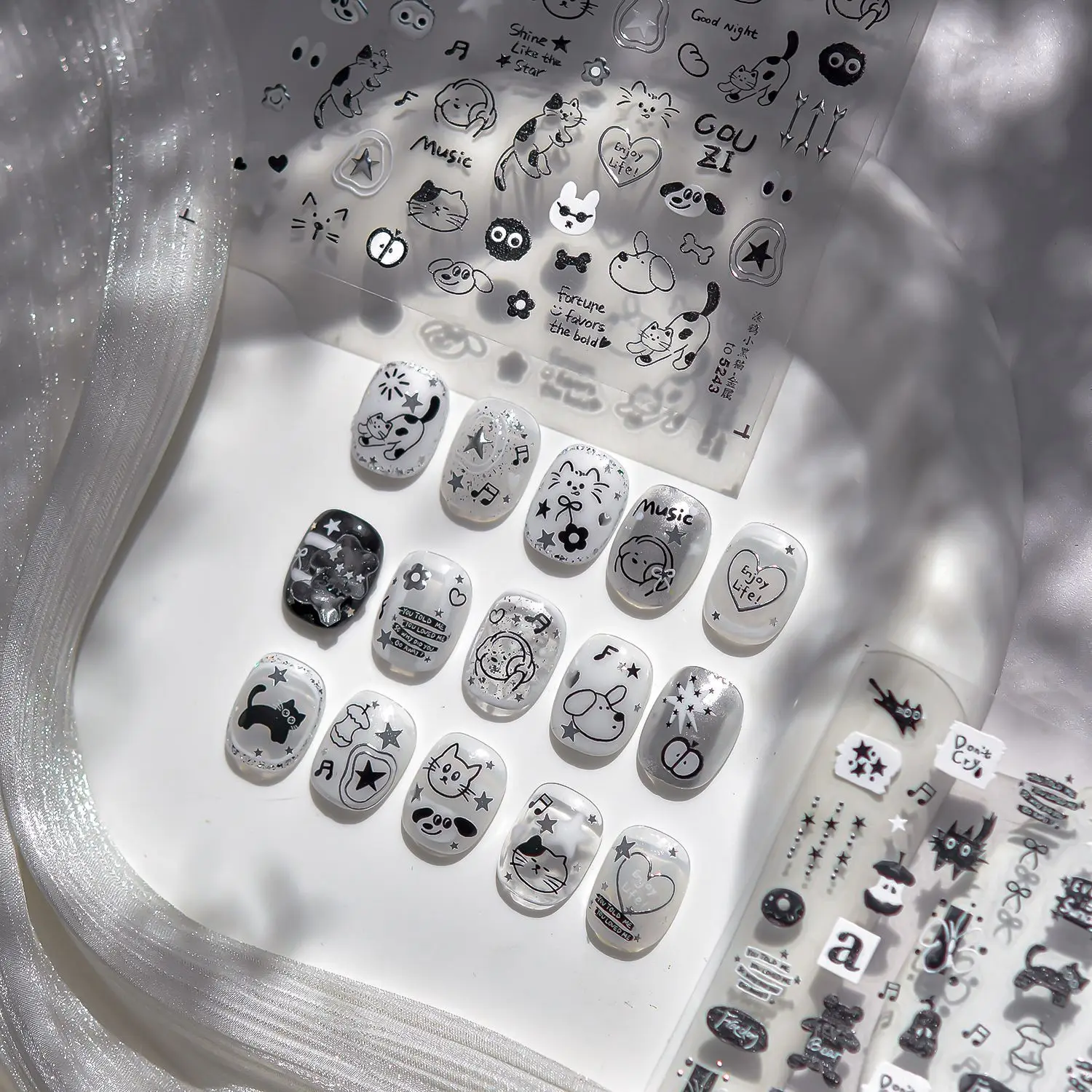 Anime Nail Stickers Metal 5D Nail Stickers With Cats Cute Graffiti Little Black Cat Stickers Nail Art Decoration Accessories DIY