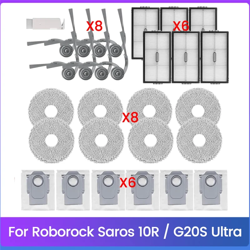 

B51CNEW! 29 предметов для Roborock Saros 10R / G20S Ultra: сменные боковые щетки, HEPA-фильтры, салфетки для влажной уборки, мешки для сбора пыли