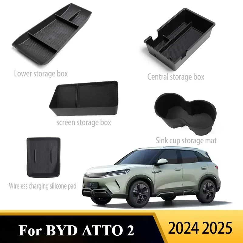

Car Accessories for 2024 2025 BYD ATTO 2 Auto Storage Box Set Central Lower Storage Box Wireless Charging Silicone Pad Parts
