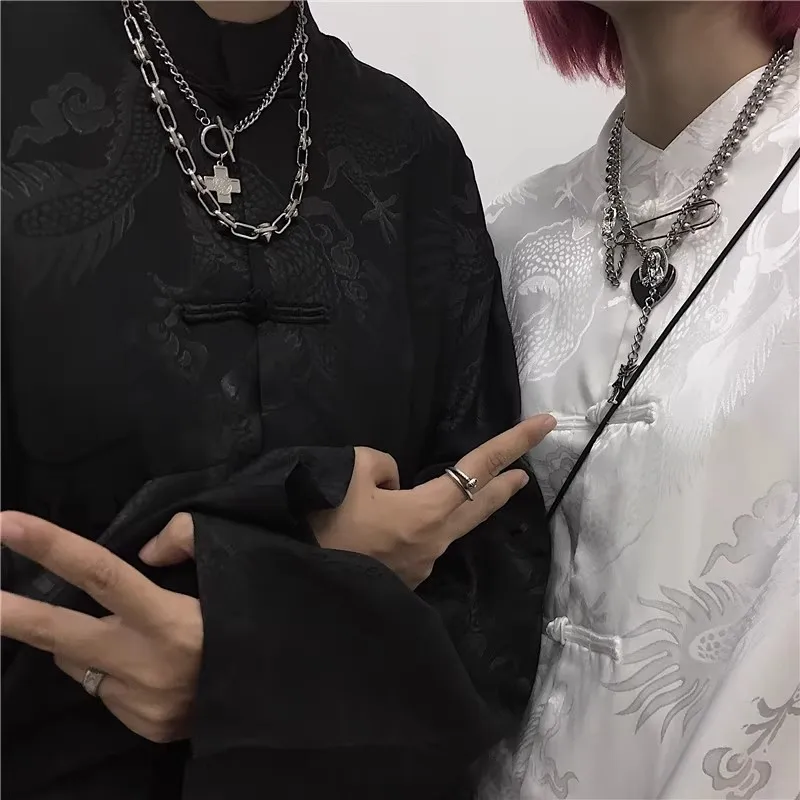 

Рубашка на пуговицах в новом китайском стиле с темным драконьим узором, большие размеры (до 300 фунтов), мужская и женская, весенне-осенняя верхняя одежда/топ