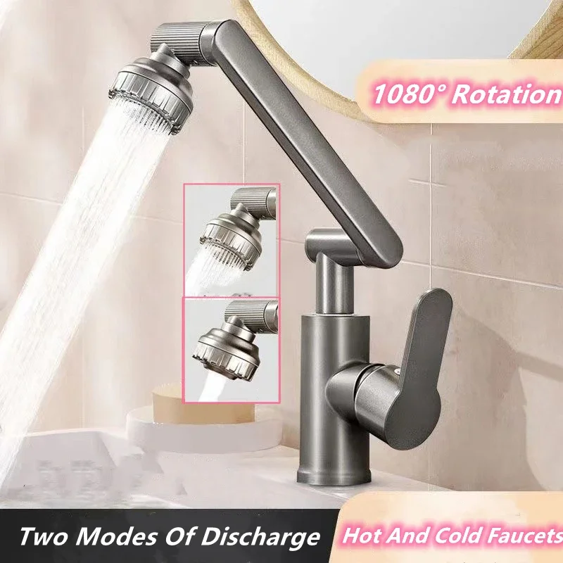 Bathroom Sink Faucet Basin Faucet 1080° Swivel Multifunction Cold and Hot Water Tap Kitchen Sink Faucet 2 Modes Water Tap Pu er