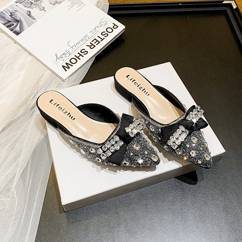 Summer New Shoes for Women Slipper Girl Crystal Bowknot Outdoor Bling Casual Sandals Girl Heels Mules Shoes