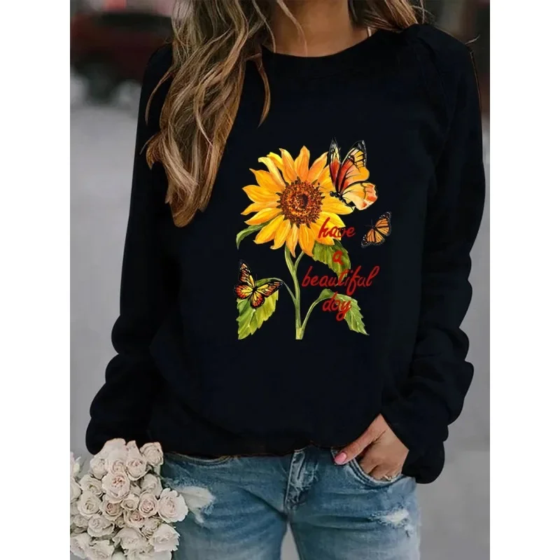 

New Explosive Long-sleeved Sunflower Butterfly Print Casual Round Neck Head Round Neck European Hoodie Woman Sweatshirt Clothes