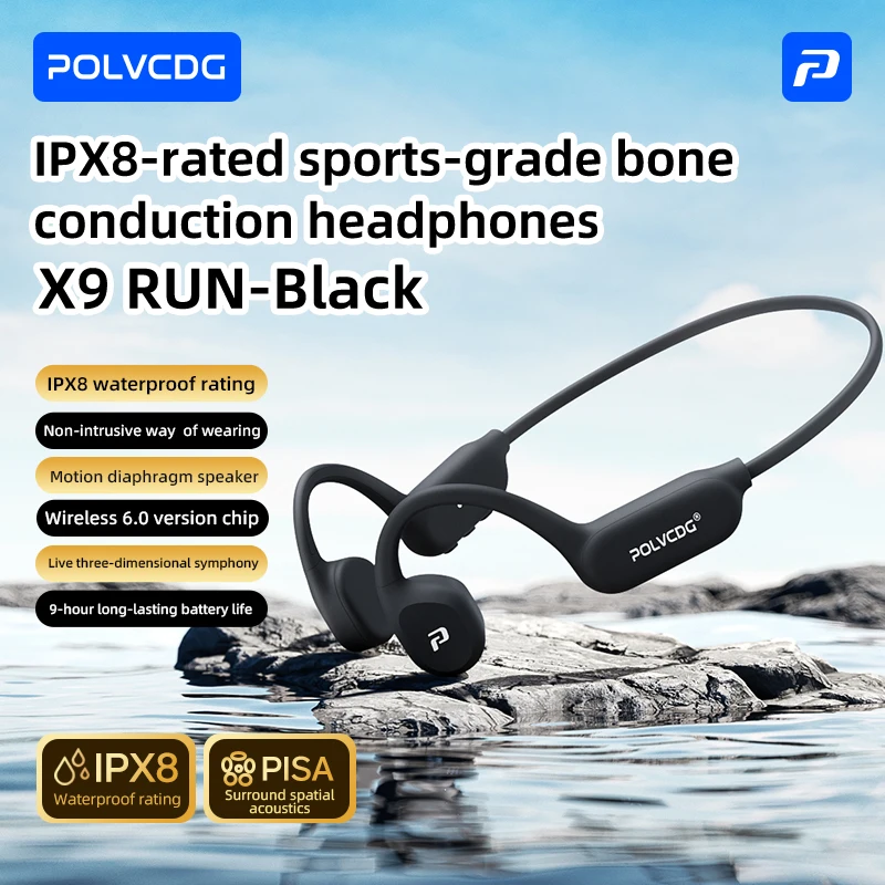 POLVCDG Beengeleidings-hoofdtelefoon IPX8 Waterdichte Bluetooth 6.0 Open-Backed hardloophoofdtelefoon 2026 Nieuw product X9 RUN