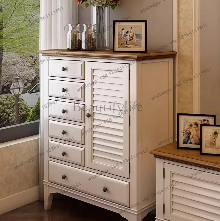 French American Mediterranean solid wood chest white porch storage partition side cabinet