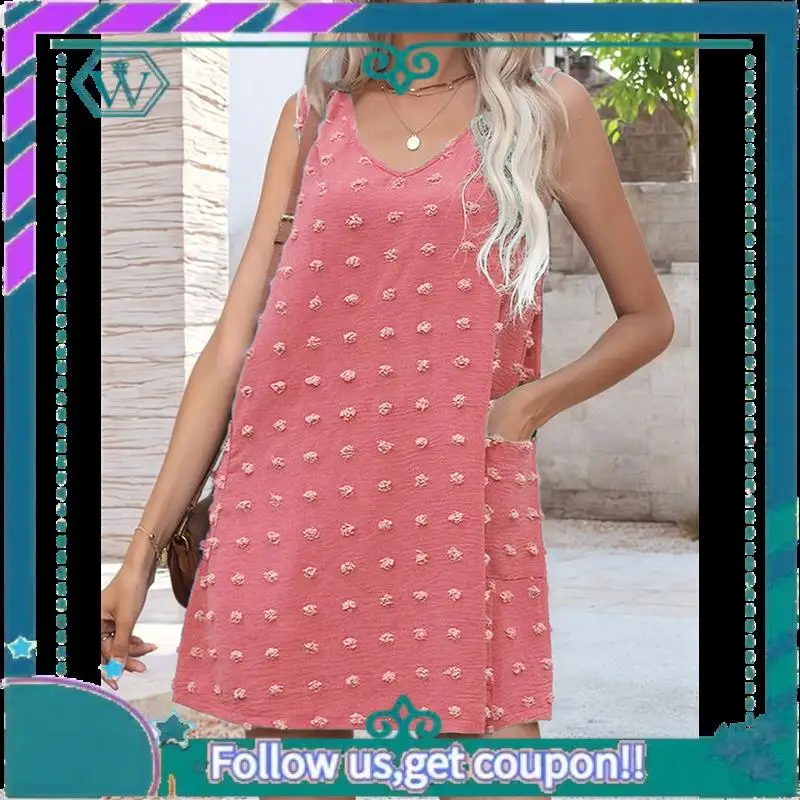 A09P Dames Casual Zomerzonjurken Polka Dot Beach Cover Up V-hals Mouwloze Tankjurk Met Zakken
